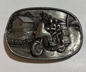 Vintage Bergamot 1984 Biker Motorcycle Couple Riding Through Hills Buckle 3”